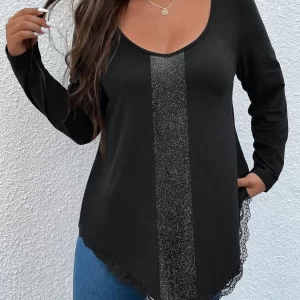 Plus Size Women’s 2023 Summer Long Sleeve Blouses Casual Loose t-shirt Black Solid Ladies Tops Elegant Chic Lace Curvy T-shirts