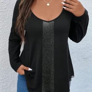 Plus Size Women’s 2023 Summer Long Sleeve Blouses Casual Loose t-shirt Black Solid Ladies Tops Elegant Chic Lace Curvy T-shirts