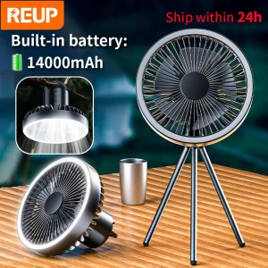 REUP 14000mAh Portable Camping Fan Rechargeable Multifunctional Mini fan USB Outdoor Led Light Tripod Stand Desktop Hand Fan