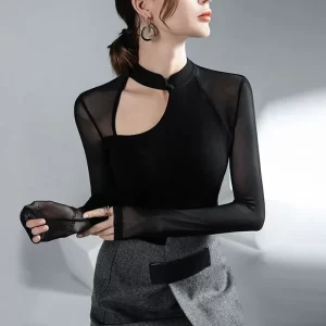 Vintage Sexy Hollow See Through Mesh Office Lady Basic Club T-shirts Women Black Skinny Long Sleeve Pullover Top Female Clothing
