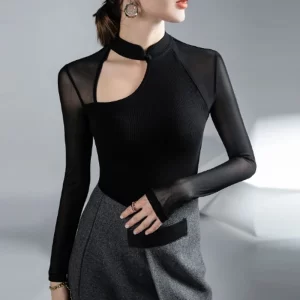 Vintage Sexy Hollow See Through Mesh Office Lady Basic Club T-shirts Women Black Skinny Long Sleeve Pullover Top Female Clothing